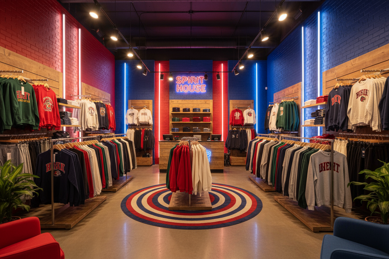 que este en una tienda calida con colores rojos y azules